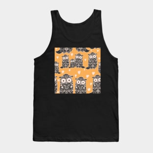 Folk Art Owls, Owlets and Hearts Pattern on Yellow Tank Top